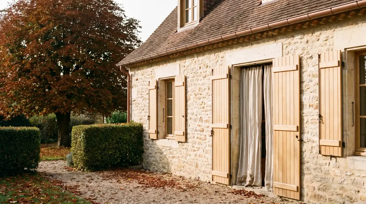 Maison ancienne en pierre vue depuis son jardin un matin d'automne, volets de bois clair, haie taillée et feuilles mortes sur l'allée