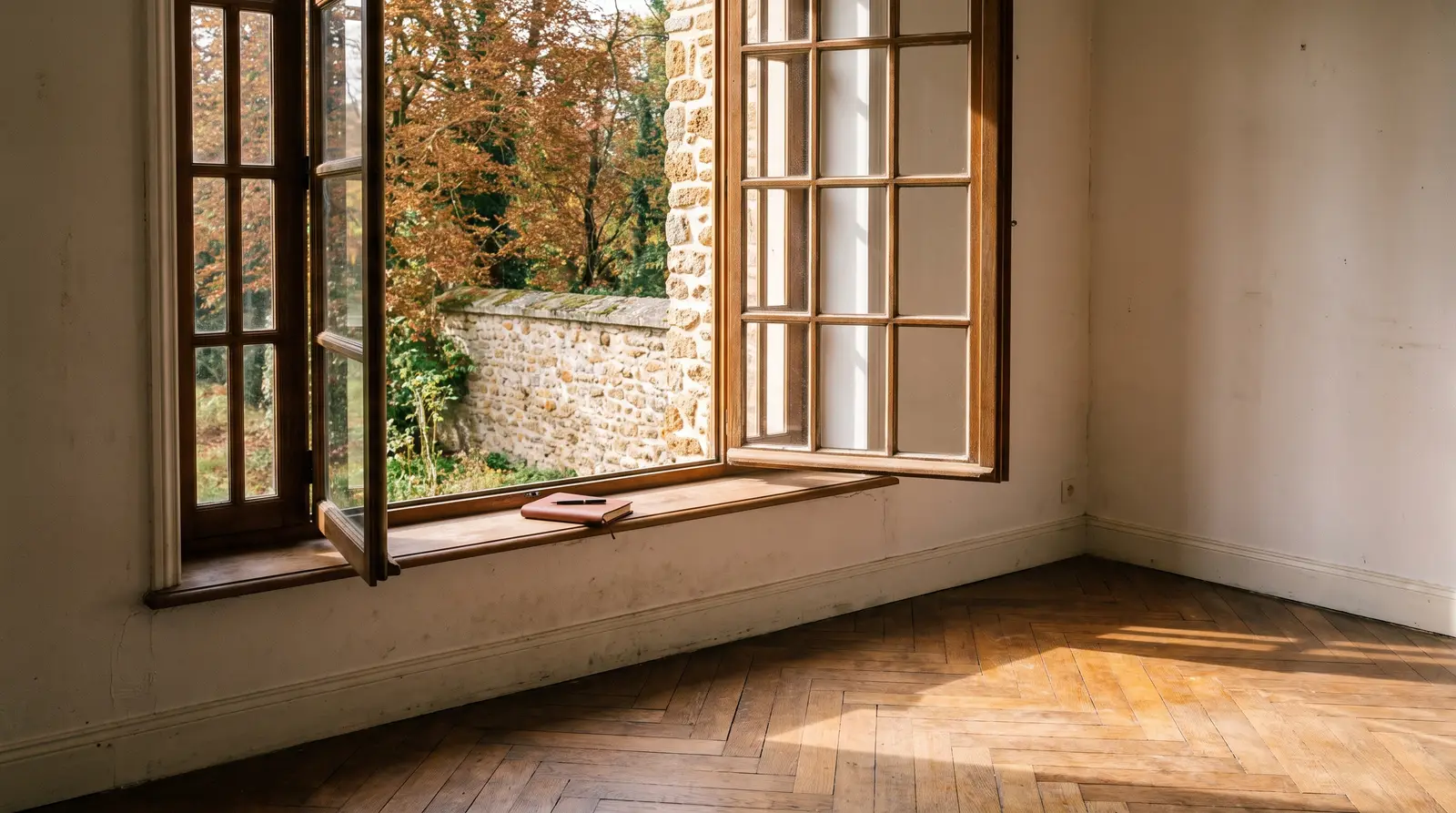 Pièce vide d'une maison ancienne, parquet de chêne et grande fenêtre ouverte sur un jardin d'automne, un carnet fermé et un stylo posés sur le rebord